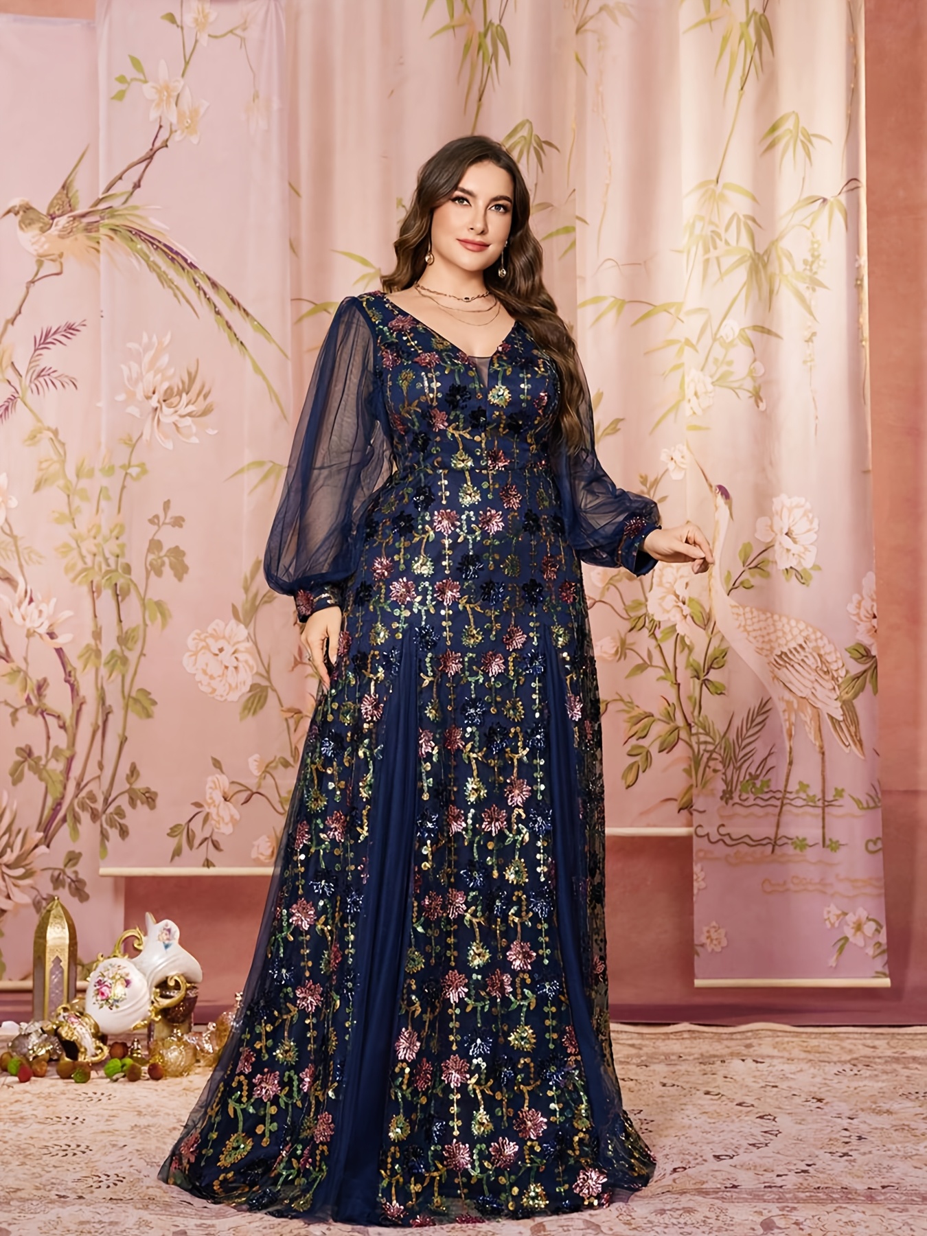 Plus Size, Plus Size Mornarica Šljokice Cvjetna Haljina s V-Izrezom i Mrežastim Rukavima, Elegantna Banket Haljina, Vintage Stil Party Haljina
