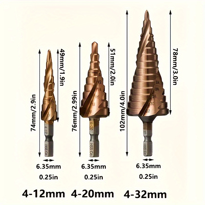 

3pcs Hss Bit Set, Steel, 4-12mm/4-20mm/4-32mm, -size For Wood & Steel, Metalworking & Multifunctional , Hex ,