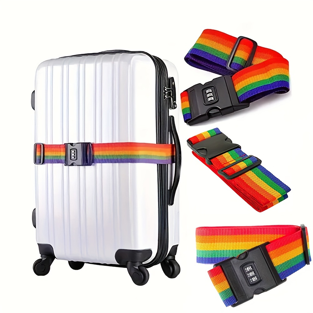 TEMU 1pc Rainbow Striped Luggage Strap, Travel Luggage Packing Strap With Combination Lock, Wide Adjustable Packing Strap Travel Accessories