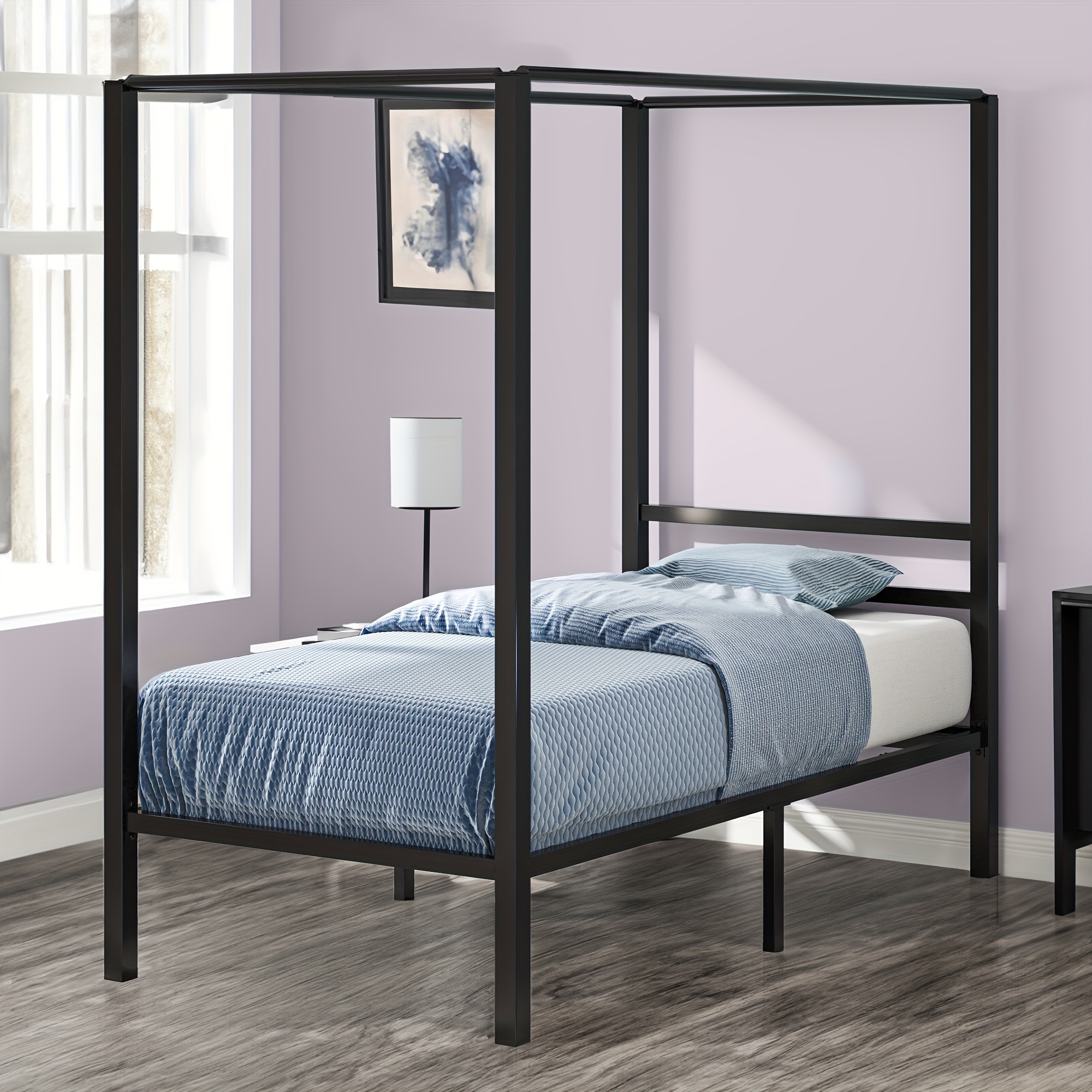 

Dwvo Metal 4 Posters Canopy Bed Frame 14 Inch Platform With Built-in Headboard Strong Metal Slat Mattress Support, No Box Spring Needed, Black, Twin Size