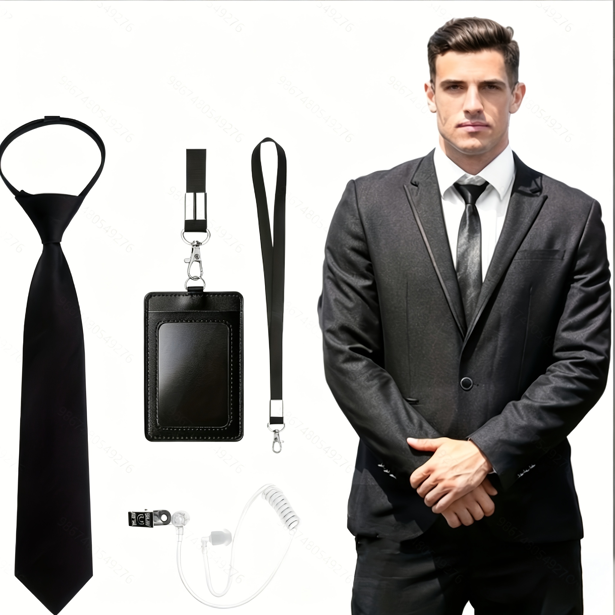 TEMU Ensemble de 3 pièces de costume d'agent, porte-badges, cravates, écouteurs pour cosplay et déguisement