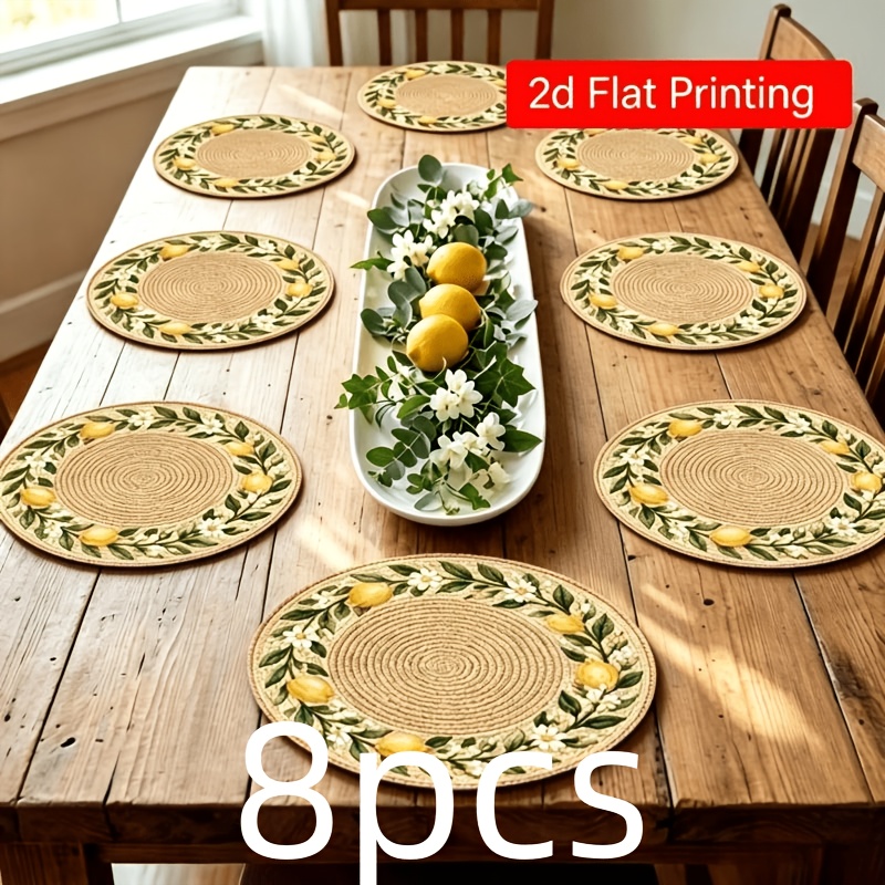 TEMU 8pcs Set Of 2d Flat Printed Round Placemats, Lemon Floral Pattern Table Mats, Heat-resistant Insulating Table Pads, Rustic Country Style Dining