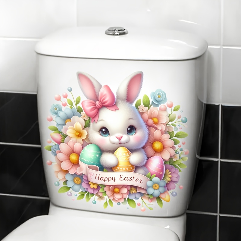 

1pc Easter Bunny Ceramic Toilet Seat Sticker - Self-adhesive Bathroom Decal, Semi- Square Shape, Single Use Holiday Wall Decor For Home