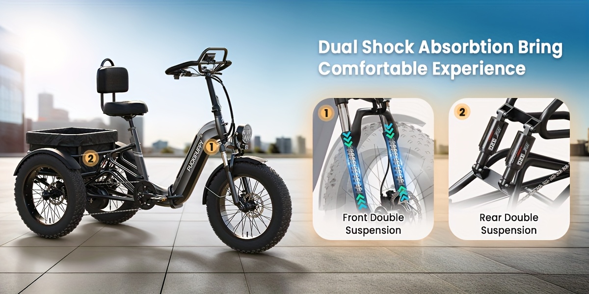 full suspension   for   heavy duty all terrain 20 tire trike with 48v 720wh battery 75 mile range 19mph     torque sensor large basket turn   front rear suspension dual   cargo carrier ideal for men women urban off road riding compatible with 100 240v     voltage Product details 2
