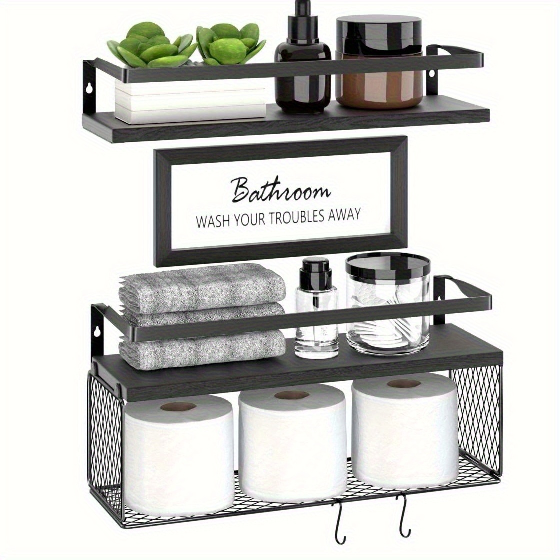 Double-tier Wall Mounted Bathroom Floating Shelf With Tissue Storage, Space-saving Farmhouse Retro Decor Shelf, Ideal For Bathroom, Bedroom, Living Room & Christmas Home Decor, Shelves