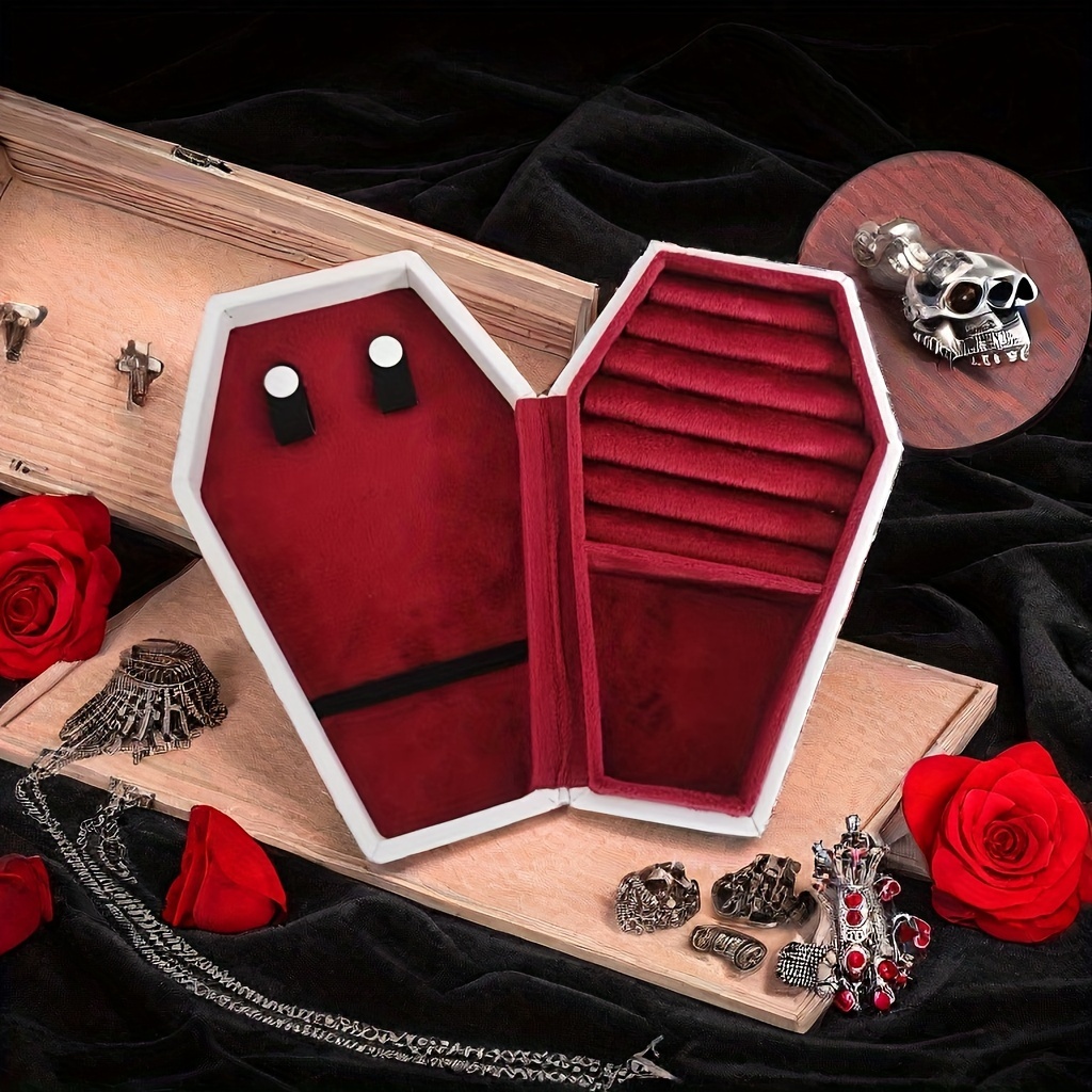 复古哥特风心形首饰盒 - 黑色pu合成皮革棺材式内衬丝绒收纳盒，多格戒指项链耳环整理器，优雅万圣节女士礼物，奢华主题设计，时尚外观 商品详情 2