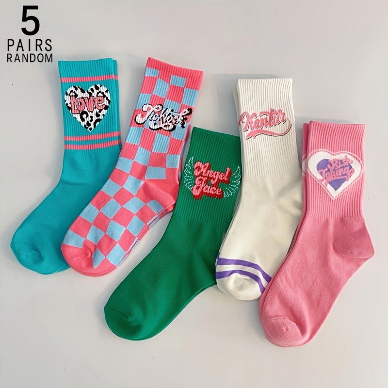 Image of 5-pack Youth Mid-calf Socks For Autumn/winter, Fashionable And Versatile Vintage Style With Heart And Street Letter Patterns, For Teenager