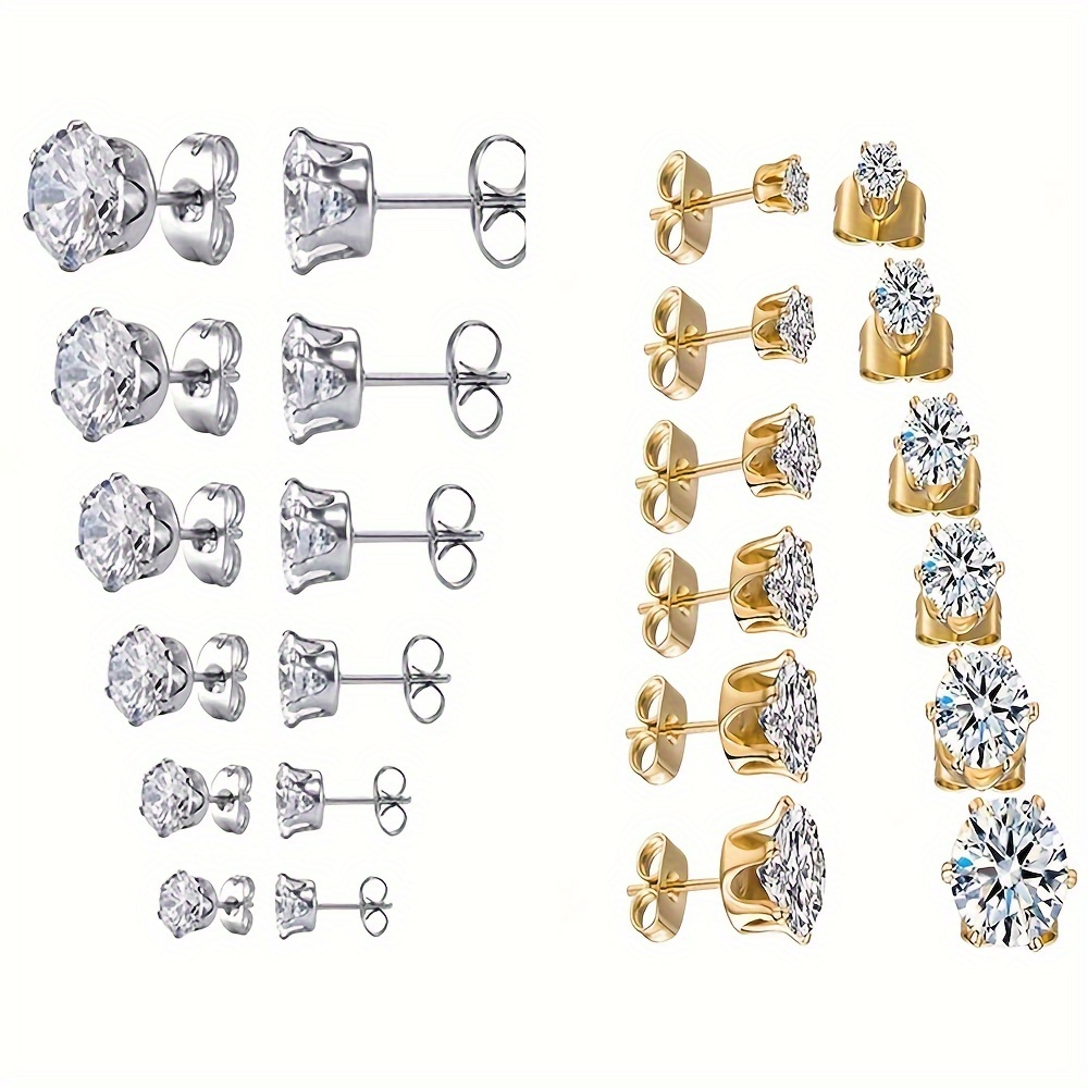 

A Set Of 6 Pairs Of Stainless Steel Cubic Zirconia Inlaid Earrings, Ranging From 3mm To 8mm, Suitable For , Ideal Gift For Women And Men.