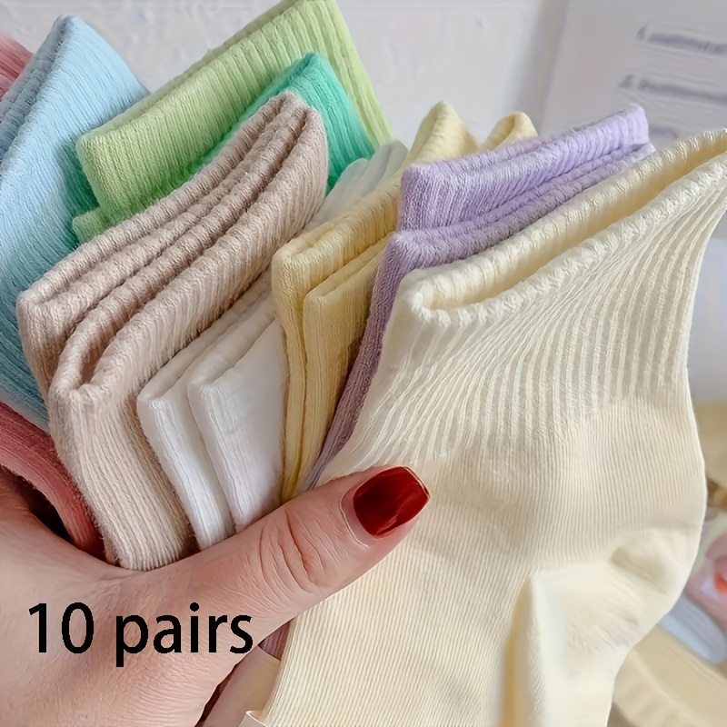 E-shop 10 Paar neue, dünne, cremefarbene Damen-Sommer- und Frühlingssocken, rein garbenfarbene Sportschuhe, Mid-Calf Socken