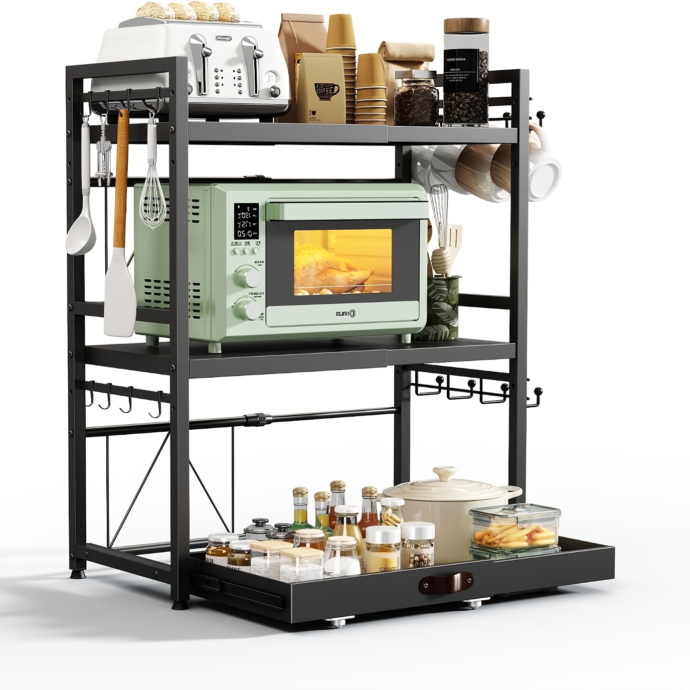 Image of Three-layer Microwave Oven Shelf, Kitchen Storage And Organization, Coffee Machine Shelf, Height And Width Adjustable, Kitchen Furniture