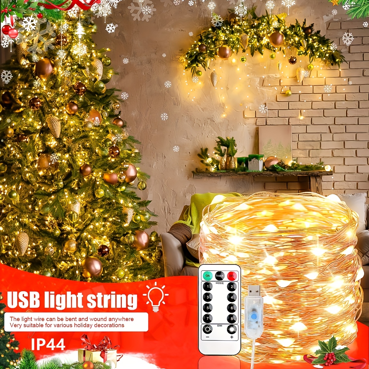 1pc USB-Powered Christmas Tree & Fairy Lights, 8 Modes, Remote Control, IP44 Rating - Ideal for Home, Wedding, Party, Birthday, Halloween Decorations, Festive Room Accent|Festive Room Accent|Durable LED Lights, Christmas Decorations