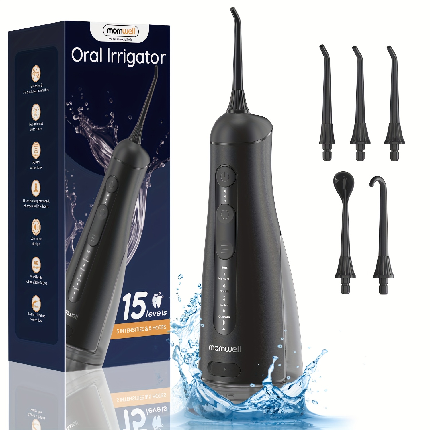 Mornwell F42 Portable 300ml Oral Irrigator with 5 Replacement Heads