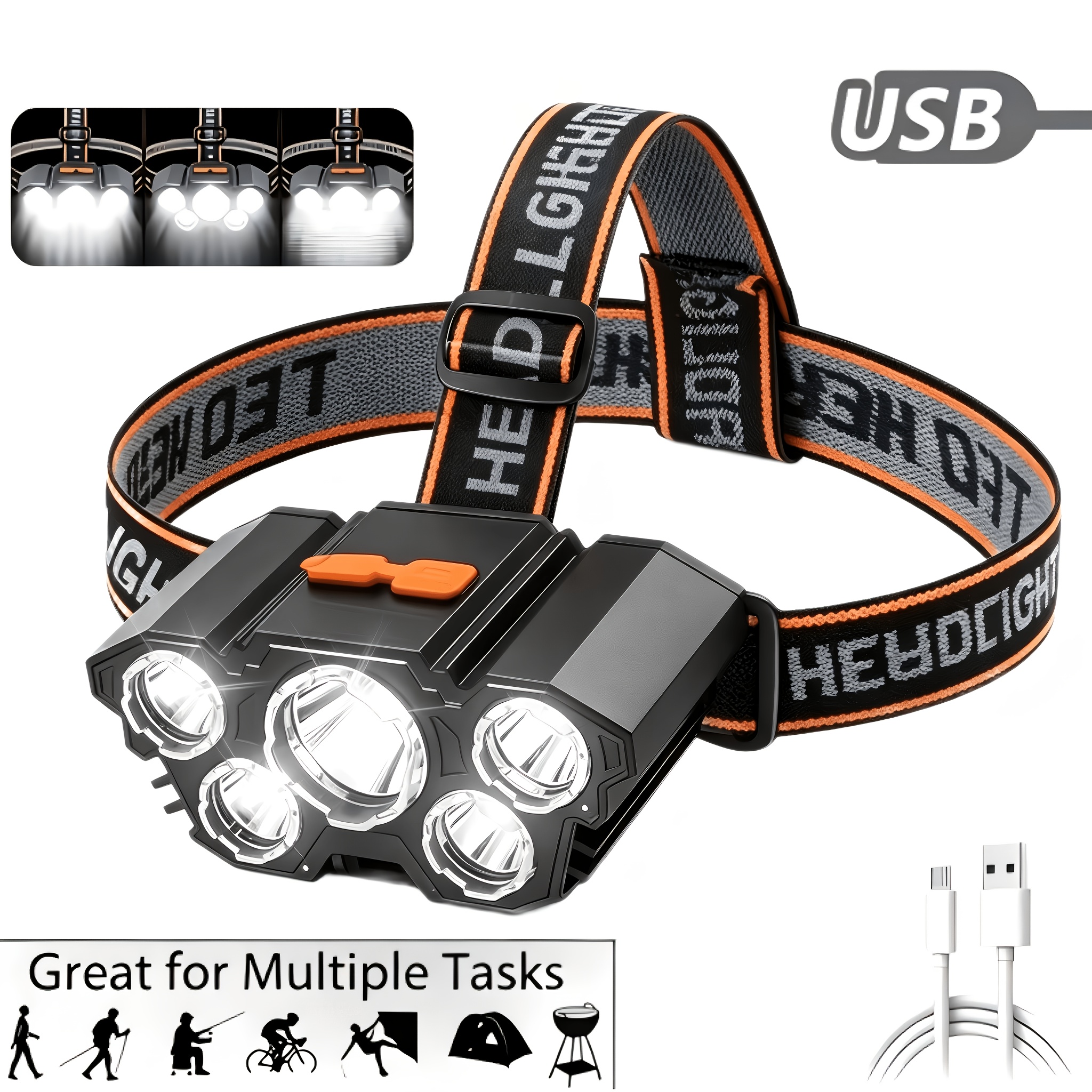 a 5 led rechargeable headlamp usb fast charging multiple lighting   lightweight and compact suitable for outdoor sports walking fishing and emergency   protection  44