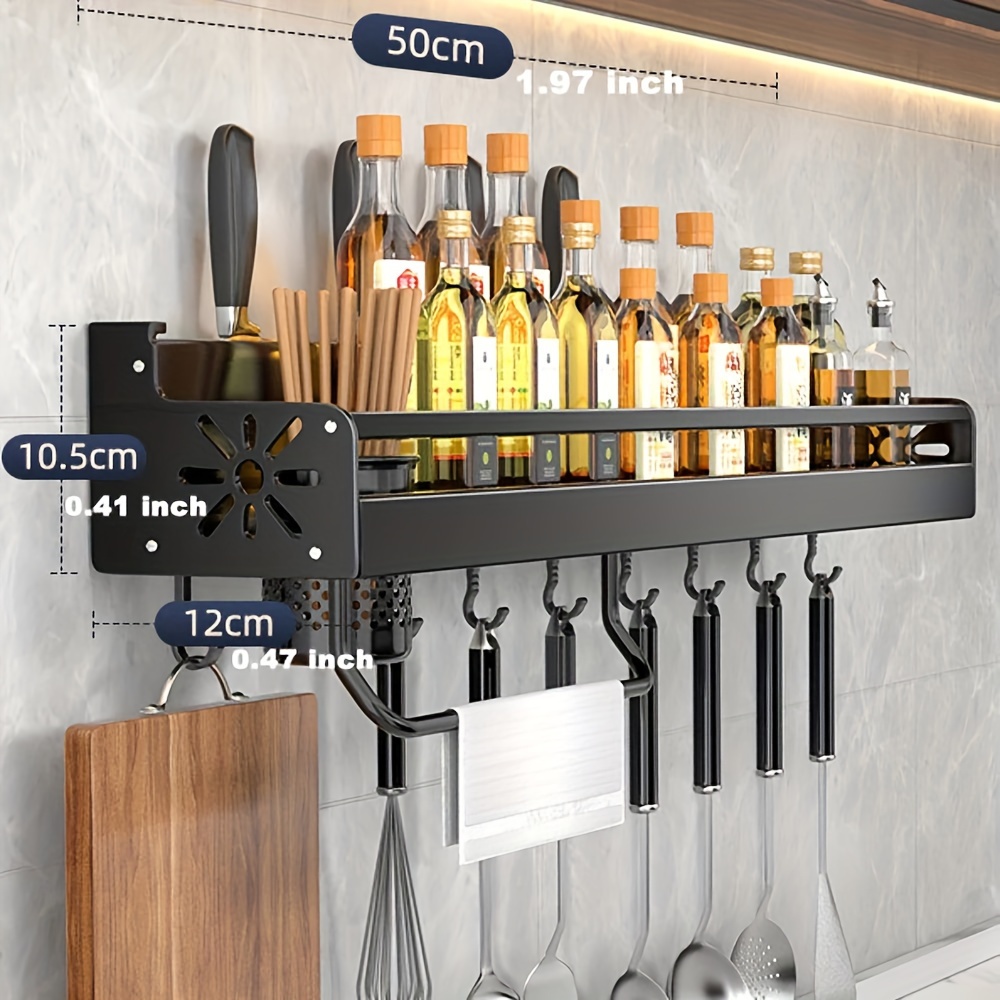 

Space-saving Aluminum Kitchen Organizer - Wall-mounted Spice Rack With Hooks For Utensils & Tableware, Perfect For Home Storage In Kitchen, Bathroom