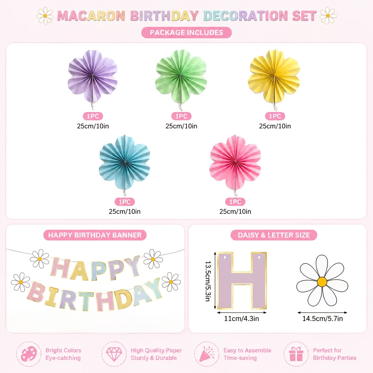 Image of 6pcs Daisy-themed Happy Birthday Banner Floral Gilded Letter Bunting Birthday Party Decorations Paper Macaron-colored Flower Fans Suitable For Birthday Parties And Festive Decorations