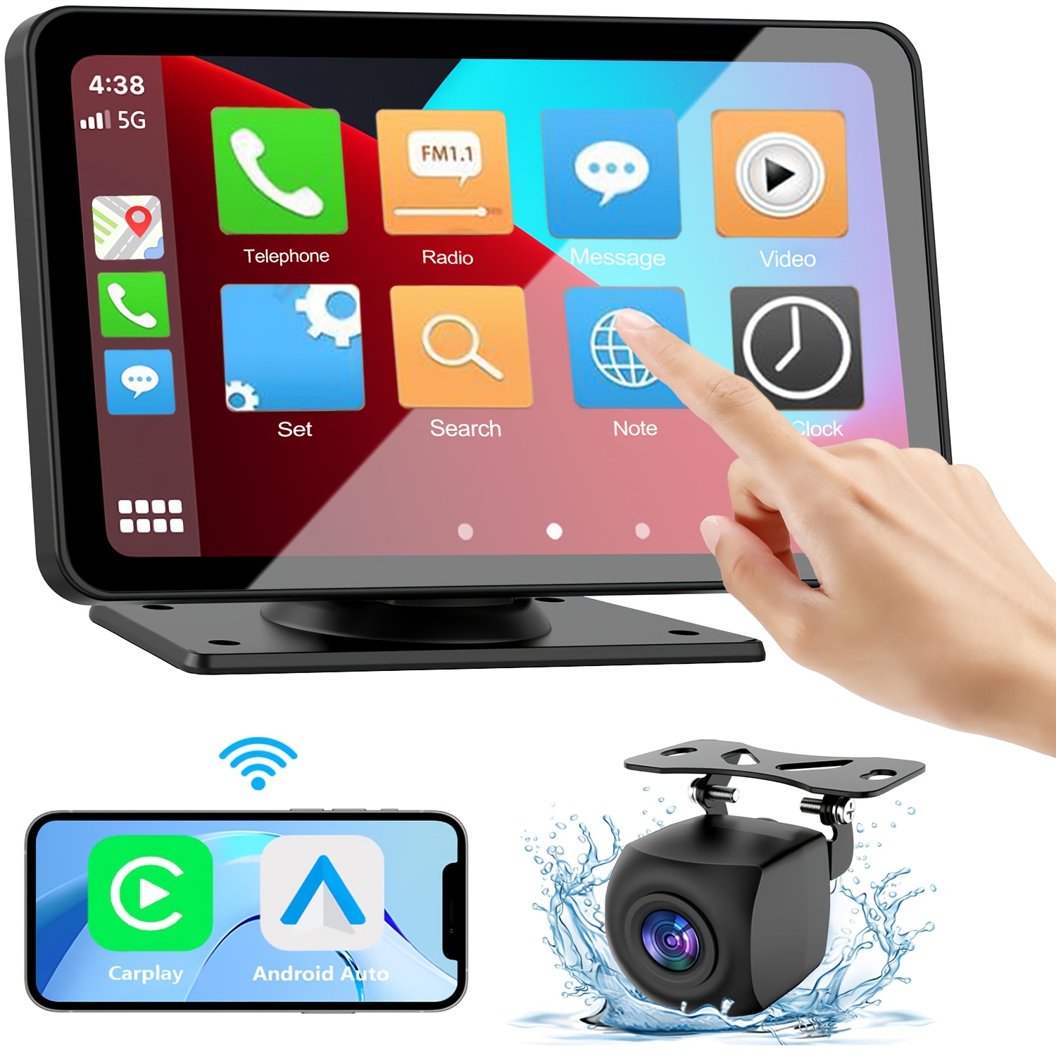 HD Portable CarPlay Auto Wireless Car Stereo with Backup  Camera, Wireless, GPS Navigation Link, Voice Control – Plug Play  Touchscreen