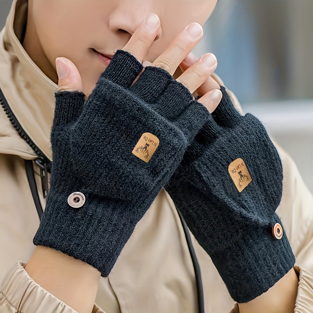 Image of 1 Pair, Men's And Women's Winter Outdoor Cashmere Clamshell Gloves, Knitted Warm Gloves, Flap Half- Screen Gloves, Suitable For Autumn And , Outdoor Cycling, Hiking, Going Out