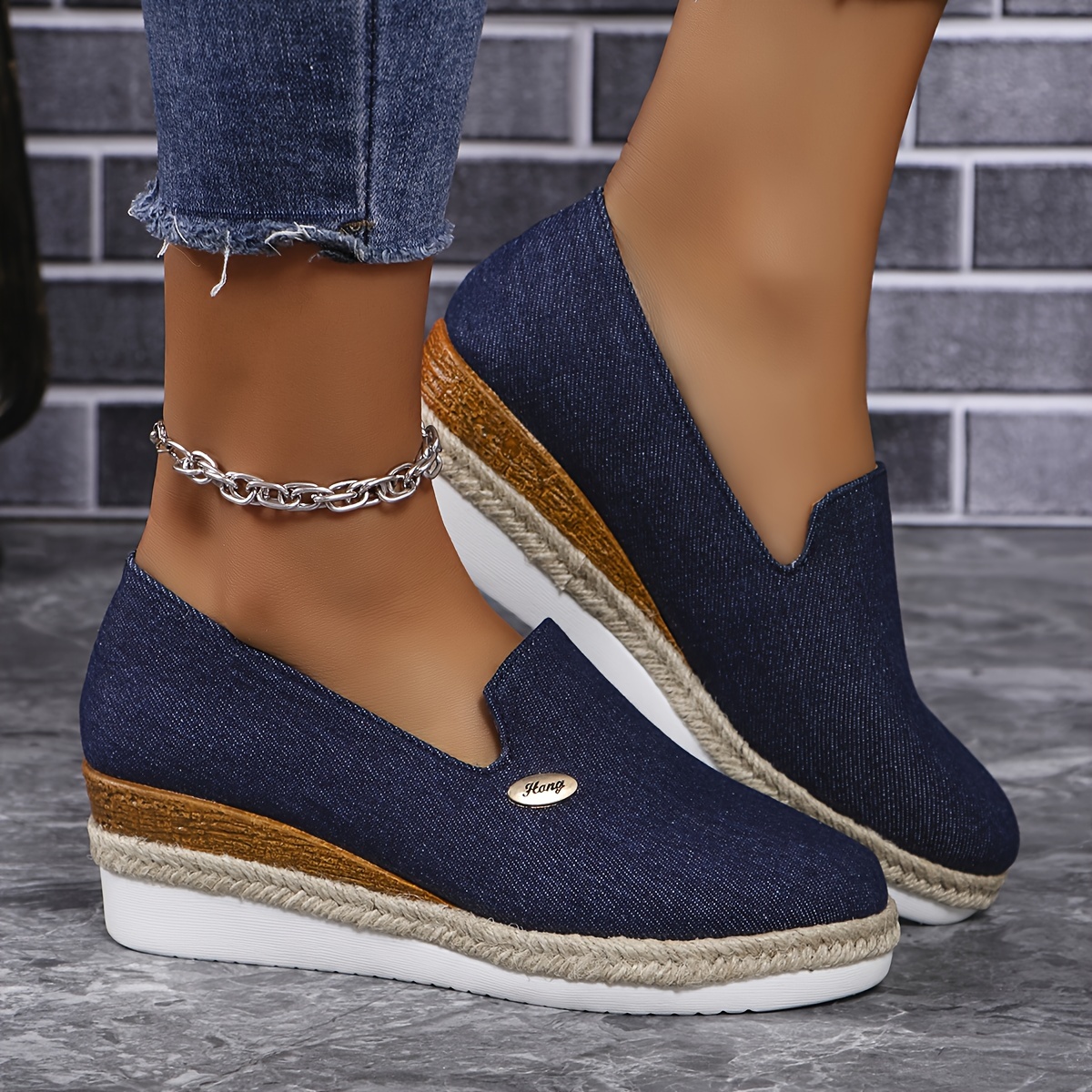 

Women's Fashion Wedge Heeled Shoes, Thick Sole, Indoor & Outdoor, Denim Slip-on Shoes With Espadrille Detail