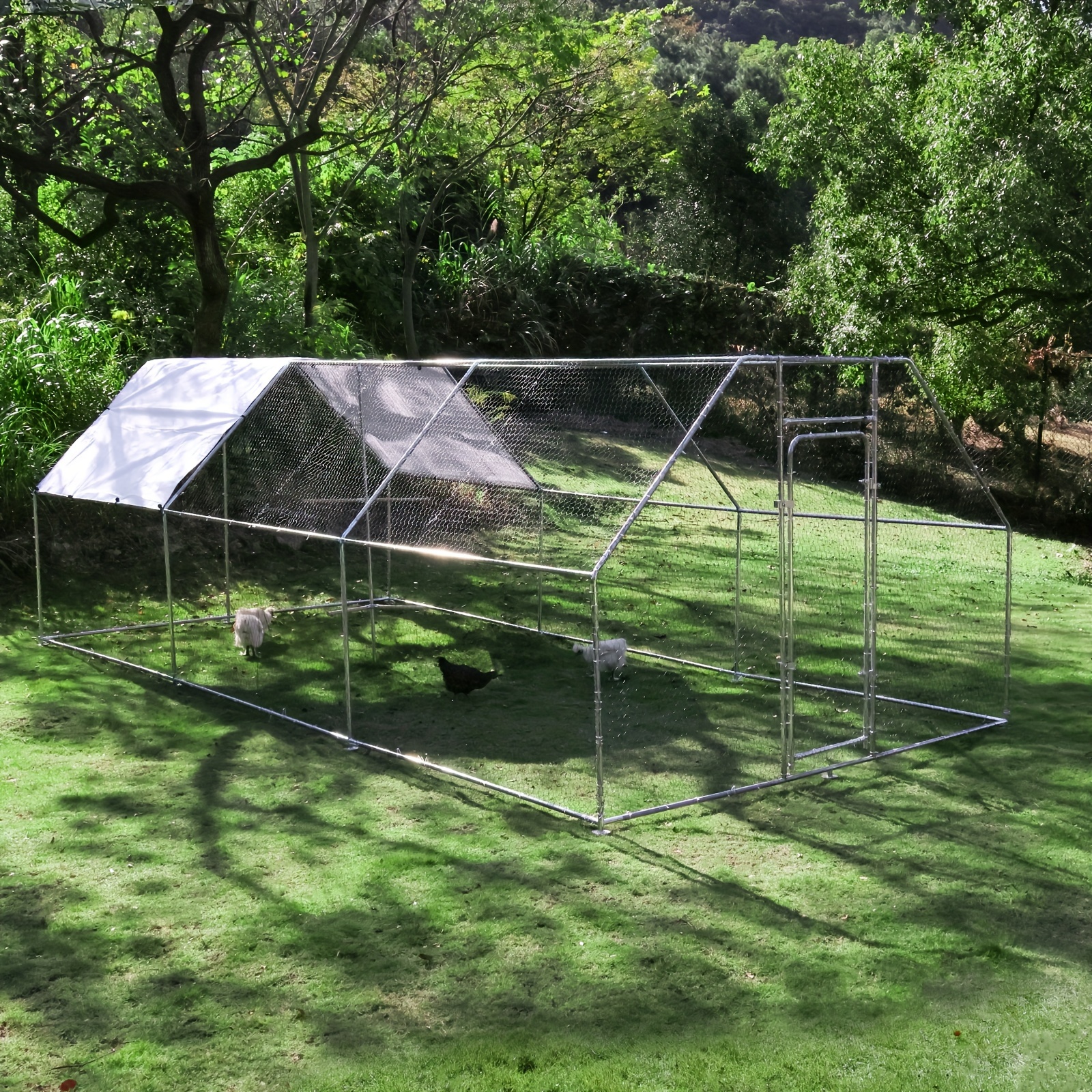 TEMU Chicken Coop Large Metal Chicken House/pen With Climbing Frame For 15 Chickens, Outdoor Walk-in Poultry Cage Flat Shape For Ducks, Rabbits, Dogs Etc, Silver (236" L X 117.6" W X 78.7" H)