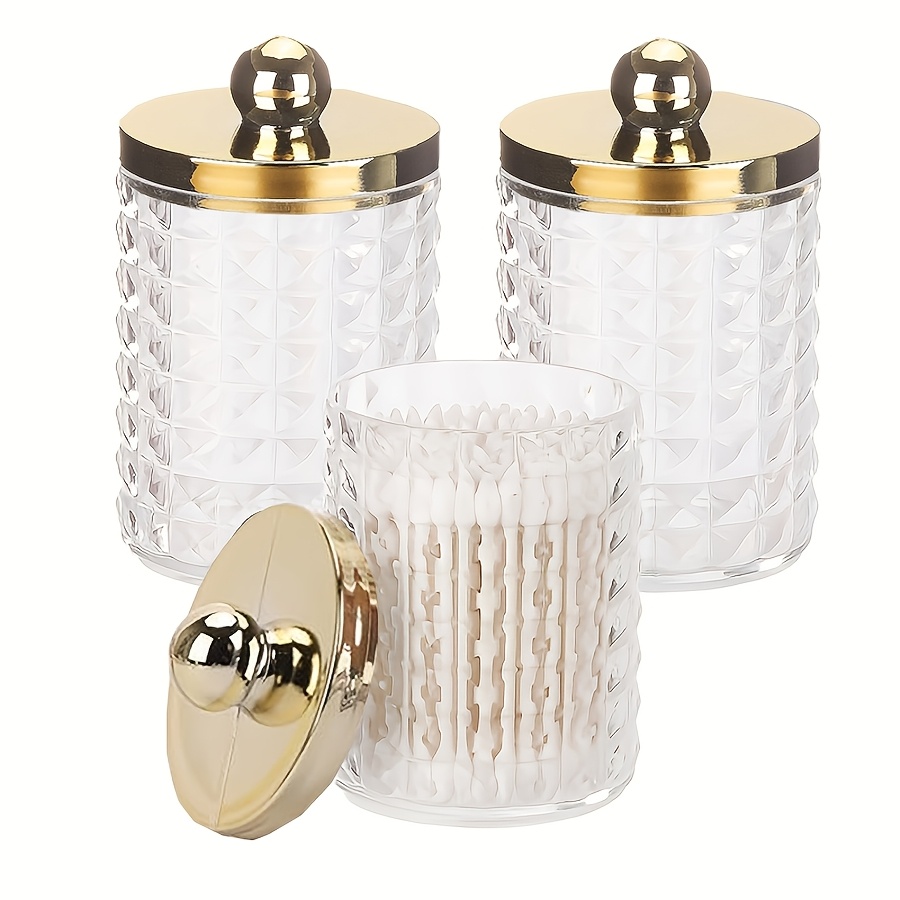 Image of 3 Pack/4 Pack Qtip Holder Dispenser For Ball, Swab, Round Pads, Floss Picks - 10oz Plastic Apothecary Jar Set For Bathroom Canister Storage Organization, Golden Lids, Canisters