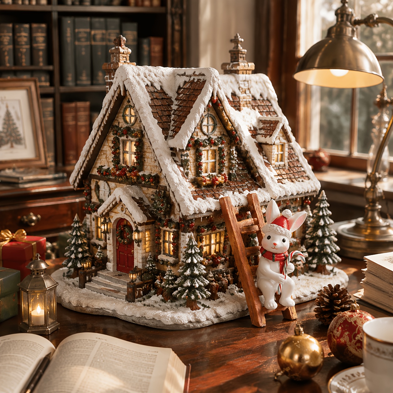 TEMU 1pc Creative Christmas Cottage Scene Decoration, Rabbit Figurine Sitting On Ladder, Outdoor Garden Christmas Decor, Santa Hat Bunny Statue,