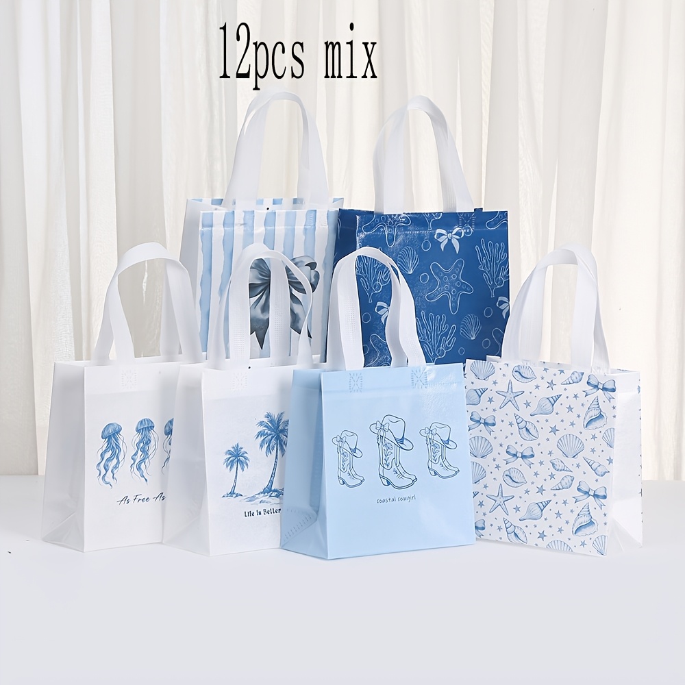 TEMU Gift For Her/him 12pcs Blue Theme Coastal Beach Bow Pattern Non-woven Tote Bags With Handles, Ocean Starfish Seashell Print Gift Bags, Summer
