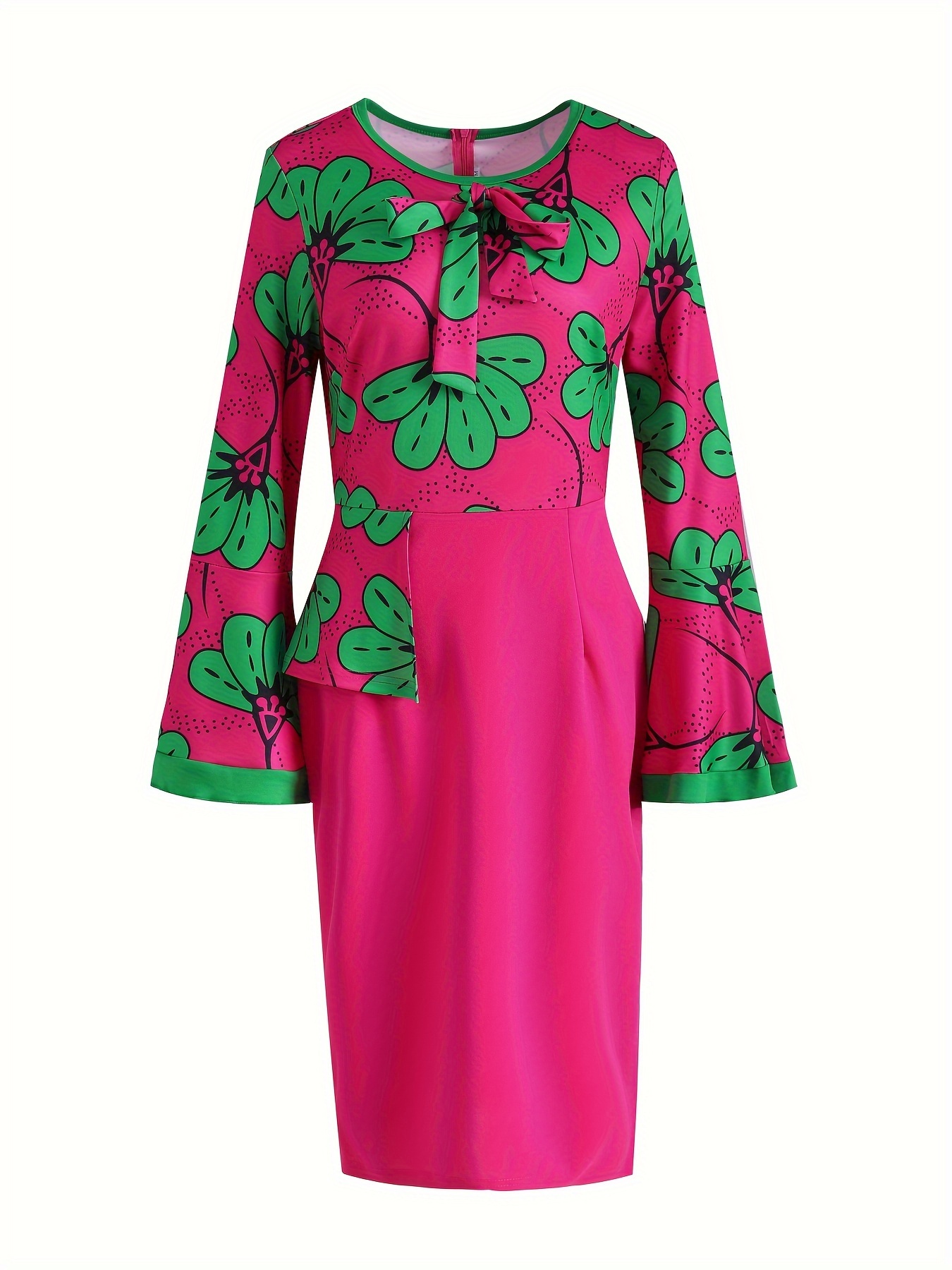 Floral Print Bodycon Splicing Dress, Bahar Ve Sonbahar Için Zarif Uzun Kollu Elbise, Kadın Giyim