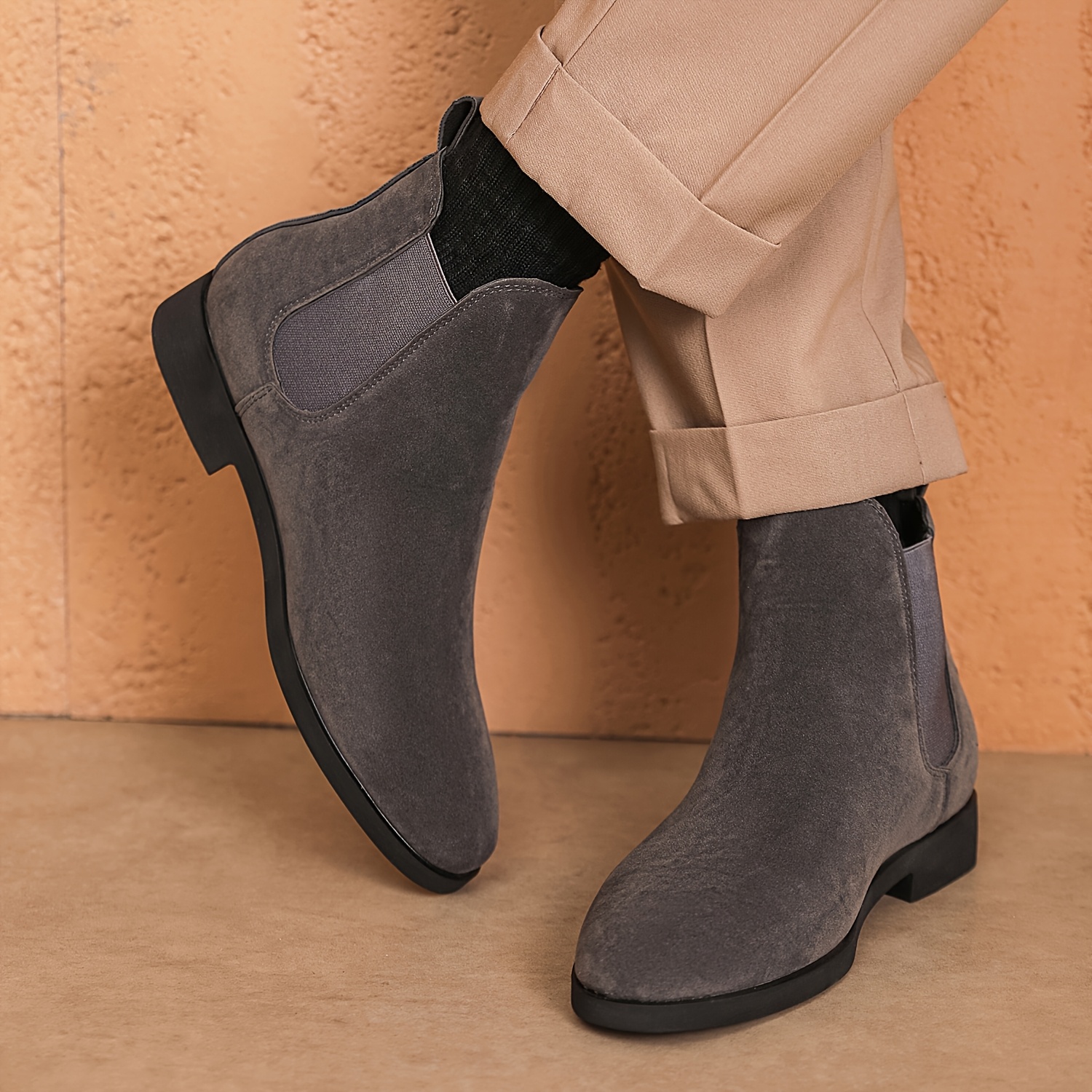 Men'S Classic Square Toe Chelsea Boots - All-Season Faux Ankle Dress Boots with Elastic Slip-On Closure, Solid Color, Rubber Sole, Fabric Lining for Daily & Business Wear