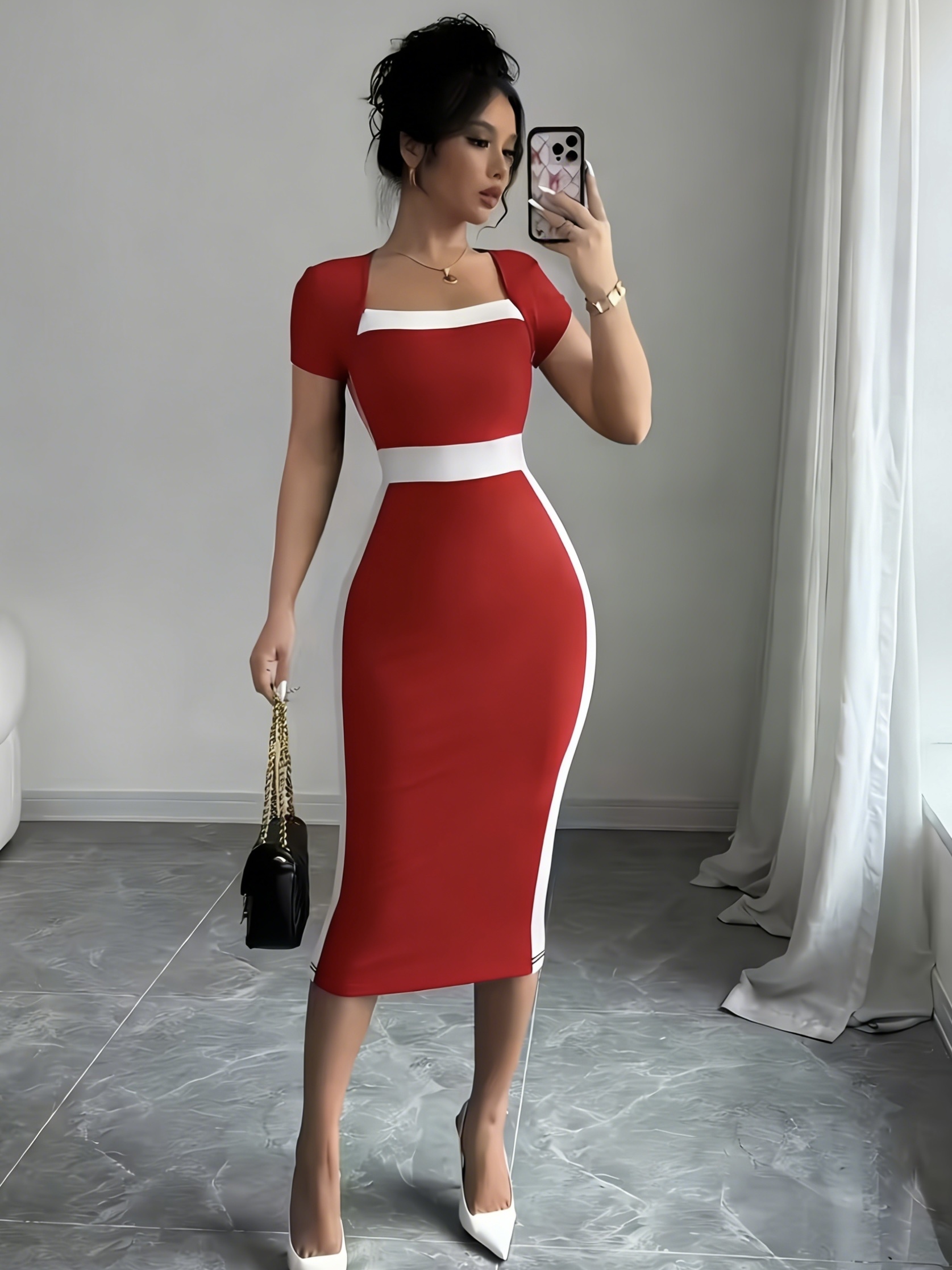 elegant color block square neck short sleeve bodycon midi - Temu Oman