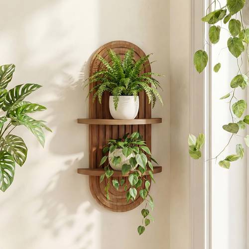 plant shelf century modern 1 2 tier 15in brown wood floating shelves wall planter holder boho decor hanging