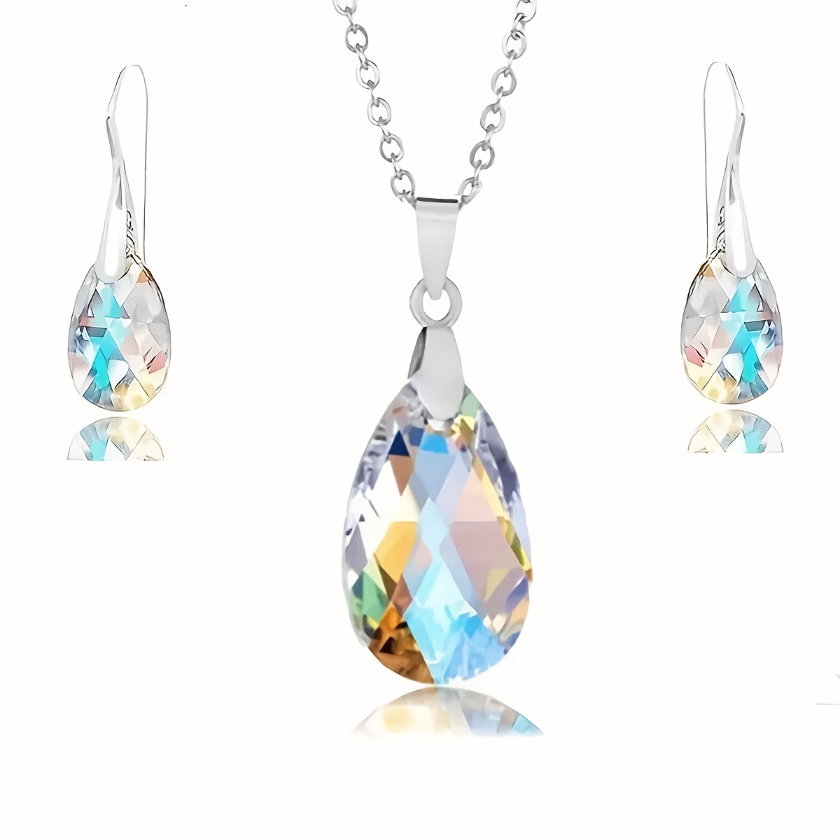 TEMU Jewelry Set For Women, Bohemian Teardrop Necklace, Stud Earrings And Bracelet With Cubic Synthetic Zirconia, Elegant Fashion Accessories For
