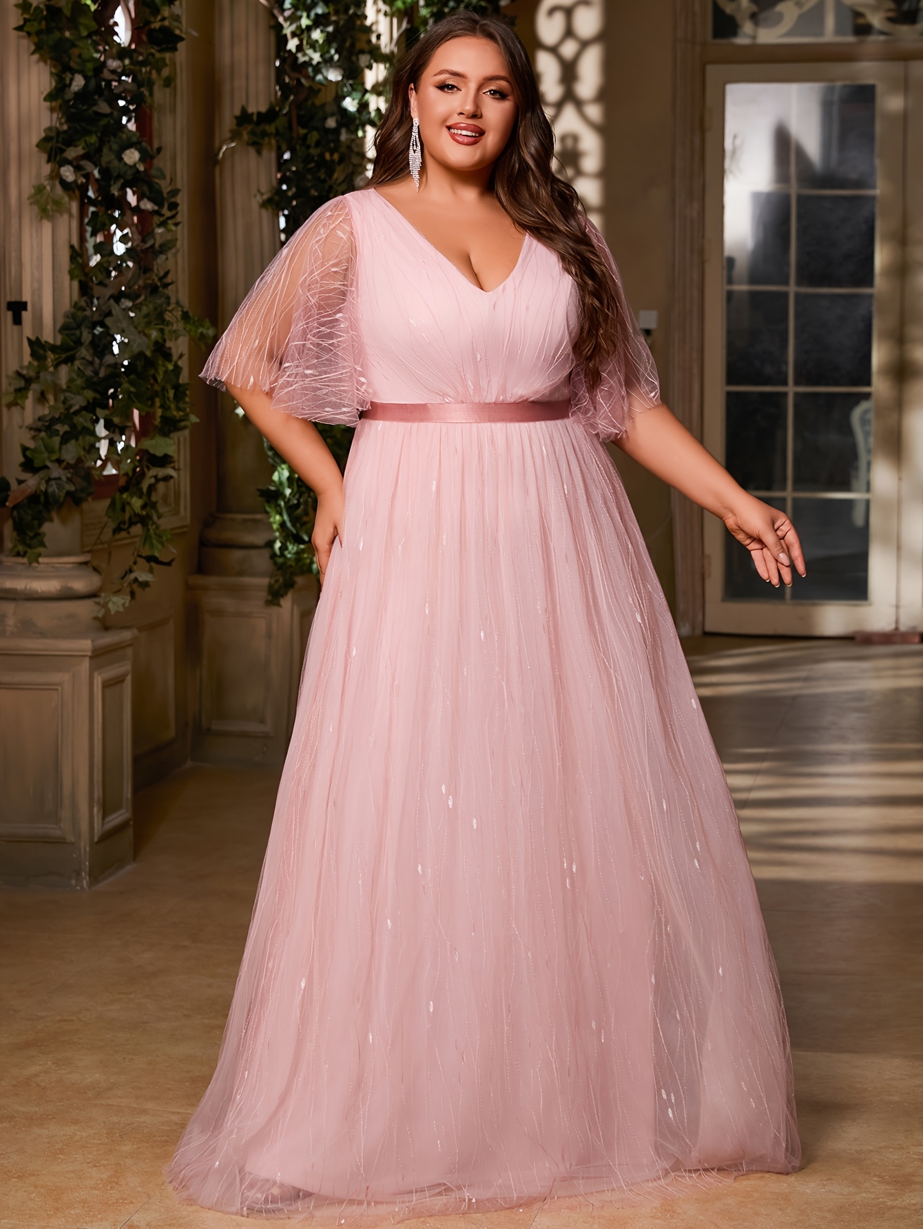 peach formal dress plus size Primavera Couture 14080 Size 24 Coral Fitted Sequin Plus Size Prom Dress V Neck Formal Gown Strapless