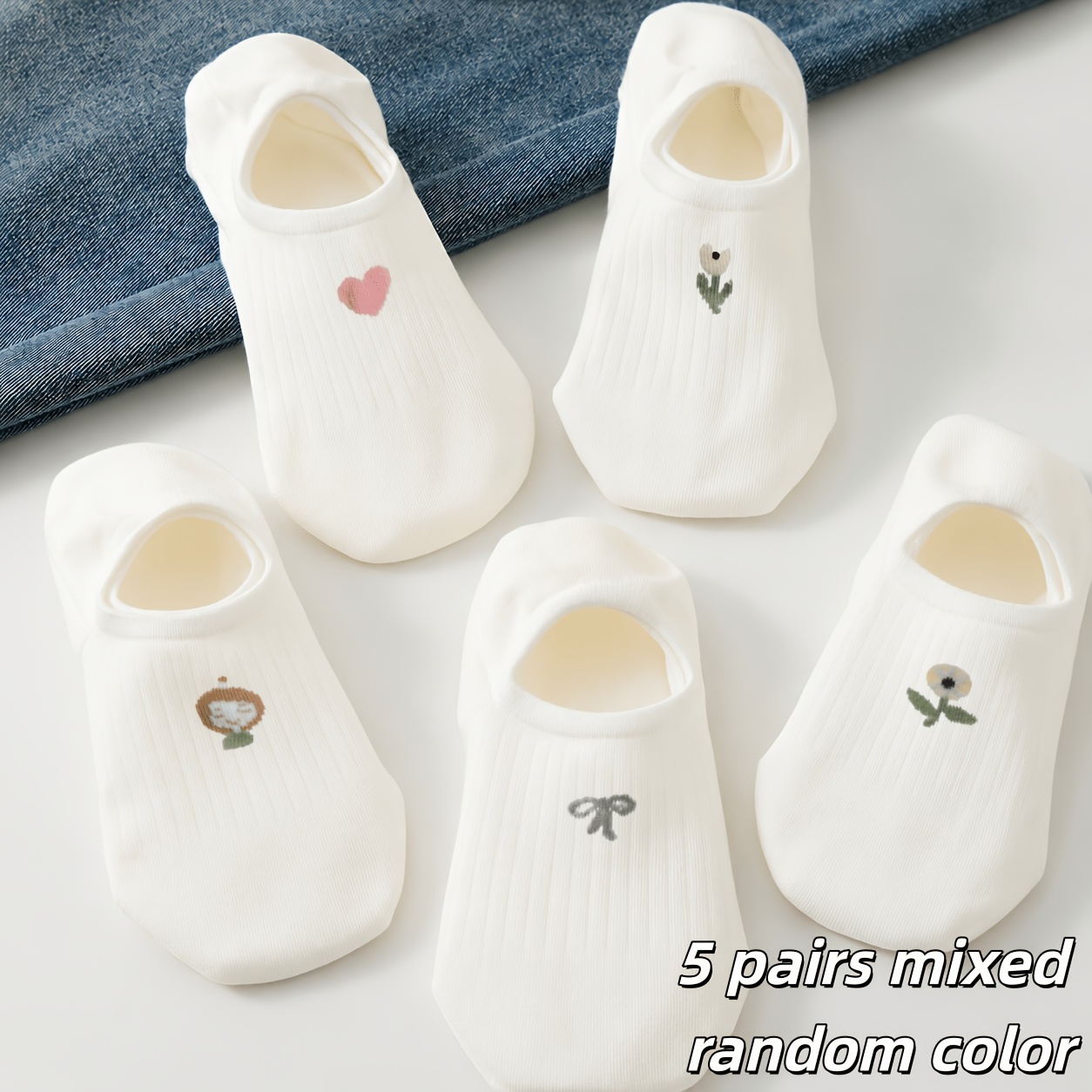Image of 5 Pairs Mixed Random Color Women' Ankle Socks, Socks, Bowknot Floral Heart Comfortable Breathable Cute Invisible Socks For