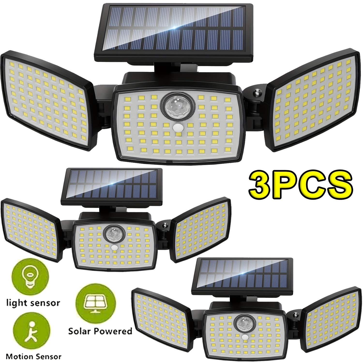 Garden Solar Lights Outdoor, 3-head - 164 Led Solar Security Light, Ip65 Garden Decorations Outside Safety Wall Lamp, Solar Motion Sensor Light, 3 Floodlight For Patio, Garage, Pool, Fence, Camping