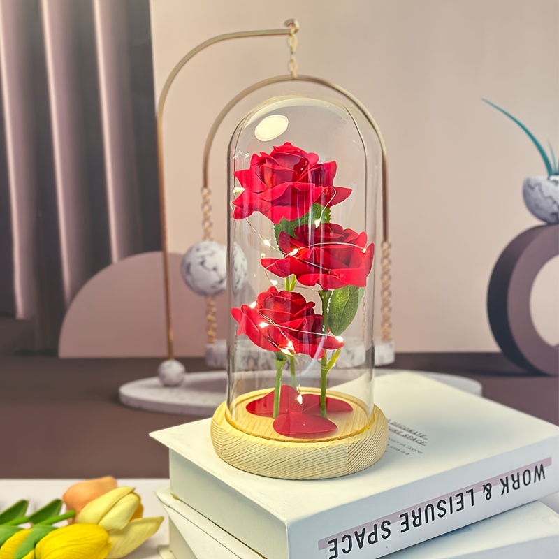 TEMU Regalos decorativos para de San Valentín que brillarán, flores artificiales, con cubierta de cristal, decoración del hogar, San Valentín, Día de