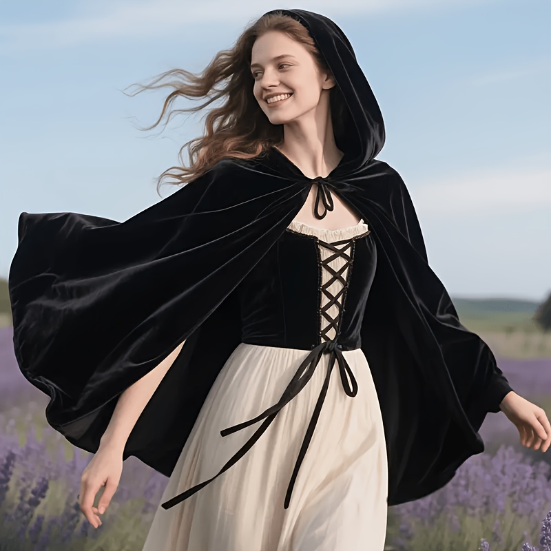 TEMU 1pc Black Luxurious Soft Women's Medieval Renaissance Velvet Hooded Cape - Black Short Shawl, Suitable For Role-playing, Costume Parties, And