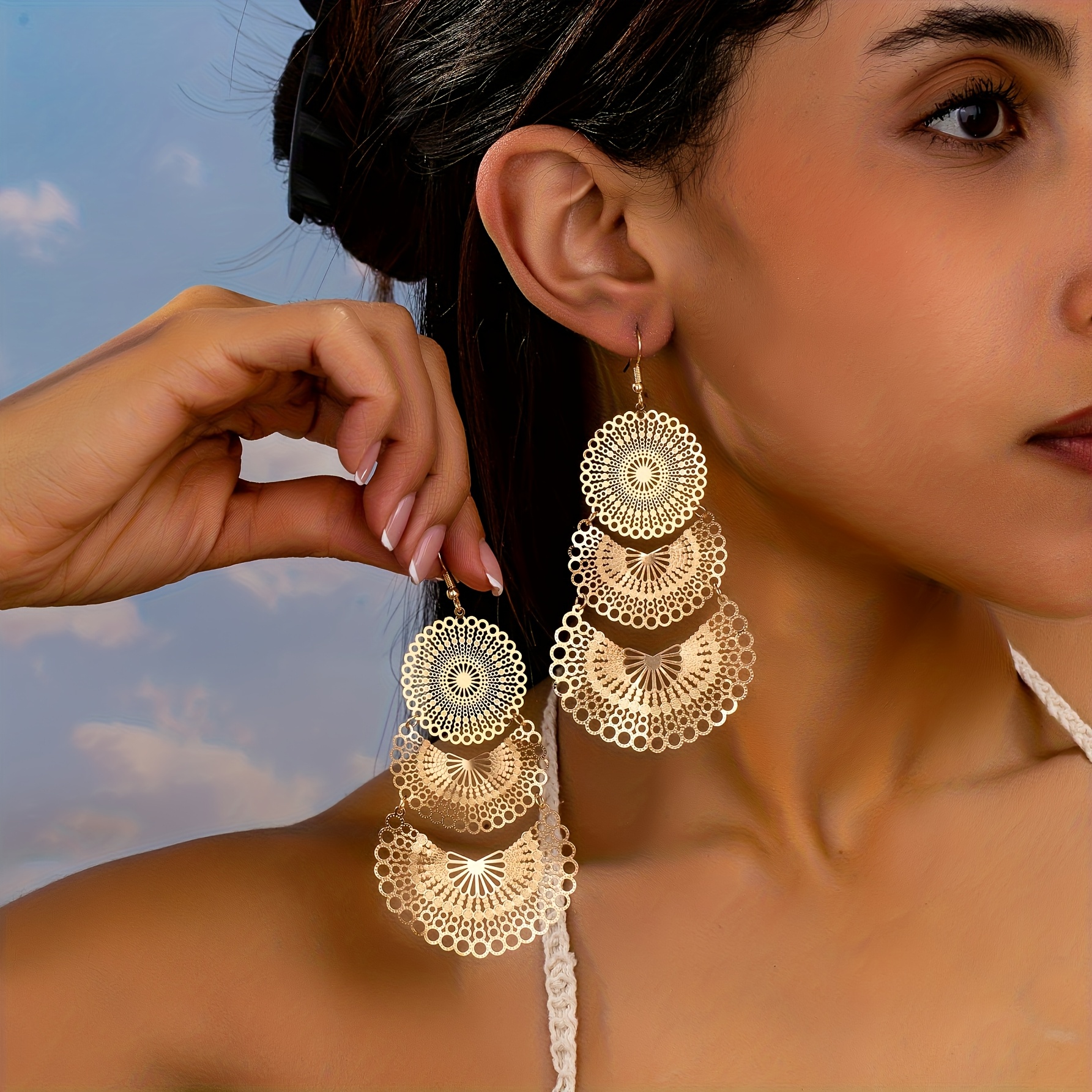 TEMU 1 Paire de Boucles d'Oreilles Longues Creuses de Manche de Ventilateur Rond, Style Bohème Élégant et Tendance, Adaptées à un Usage et aux