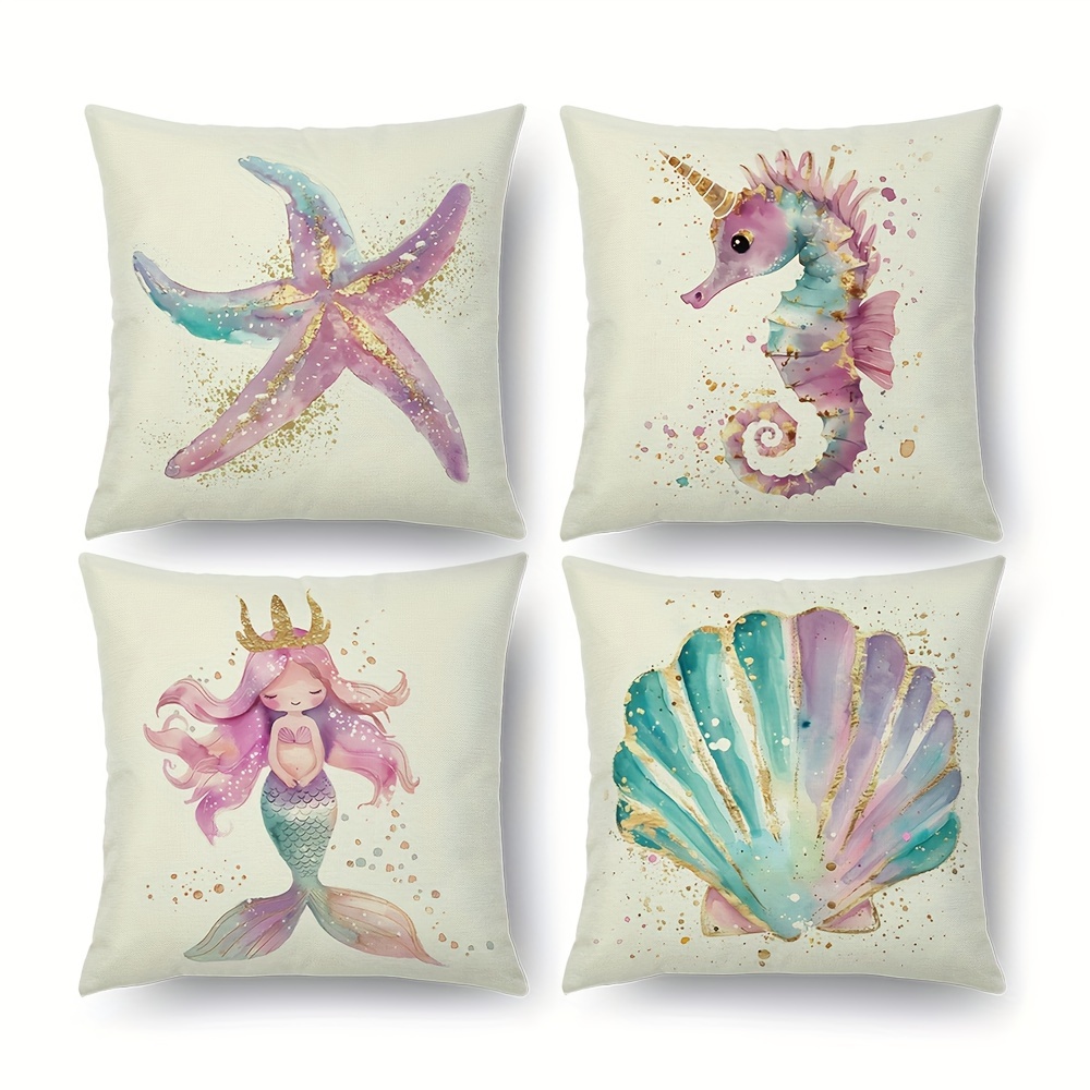 

4pcs, Cute Mermaid Starfish Seahorse Seashell Fashion Artworks Beautiful Throw Pillowcase Cover Cushion Case Home Decor 18x18 Inch