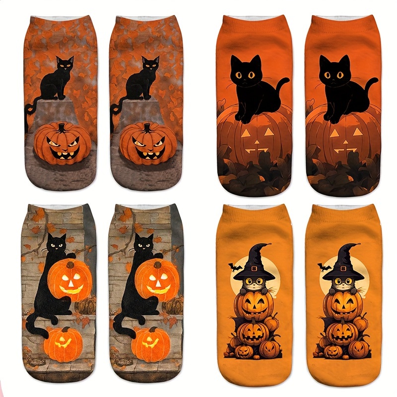 TEMU 4 Pairs Of New 3d Digital Printed Socks Featuring Fun Winter Halloween Cat Patterns, Women's No-show Short Socks For Adults