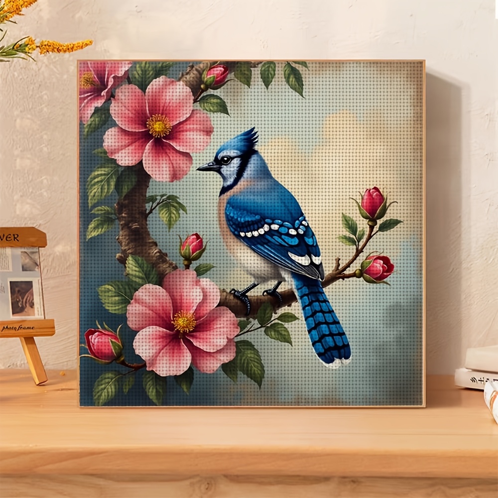 Frameless Cross-Stitch Printed Kit, Blue Bird on Flowering Branch Design