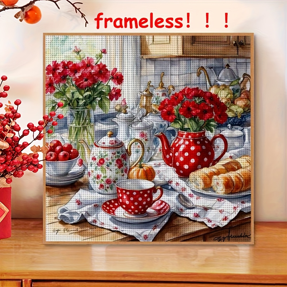 TEMU Kit de point de croix à soi- cadre 11CT, 1 pièce - Scène de cuisine aquarelle avec théières et pâtisseries, kit de broderie artisanale pour