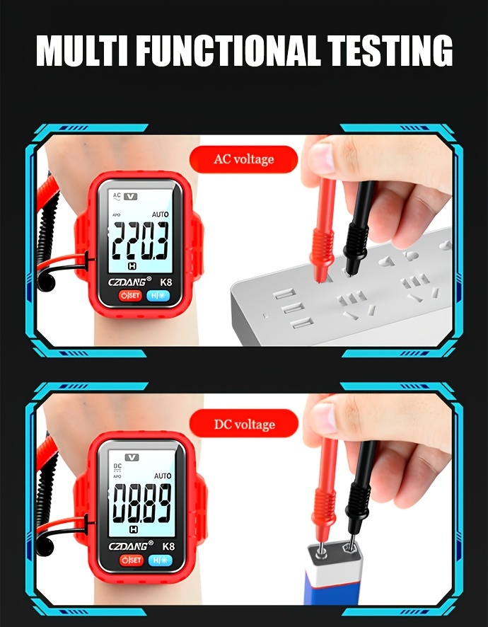 1 unidad CZDANG Multímetro Digital Tester de Muñeca - Mini Multímetro Portátil Wearable para DCV/ACV, Resistencia y Continuidad con Pantalla LCD, Recargable via USB, Diseño Compacto para Electricistas, DIY, Trabajo de Campo, Herramienta Electricista, Herramienta Moderna, Electrónicos Durables