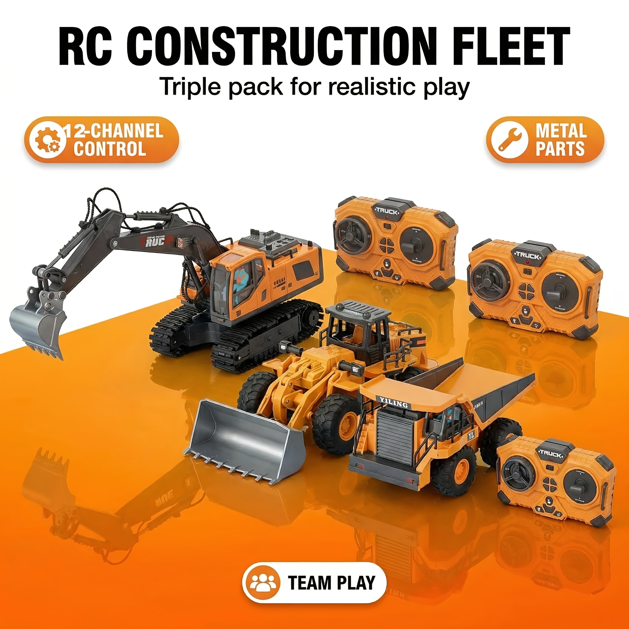 E-shop 3-teiliges Set 2.4G Ferngesteuertes Bauspielzeug Set 3er-Pack Bagger Bulldozer Kipper Lustiges Baustellen-Erlebnis für Jungen