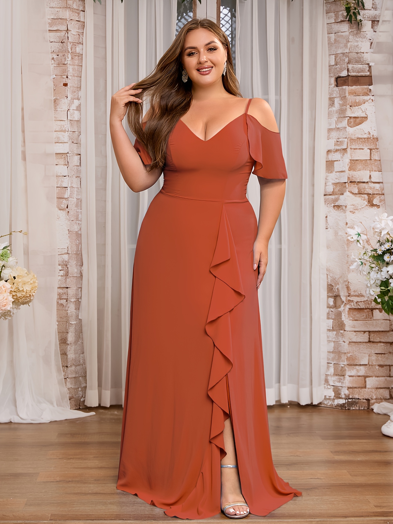 strapless open back dress Simple Spaghetti Straps Burnt Orange New Plus Size Modest Long Formal –  bridalsew main image 0