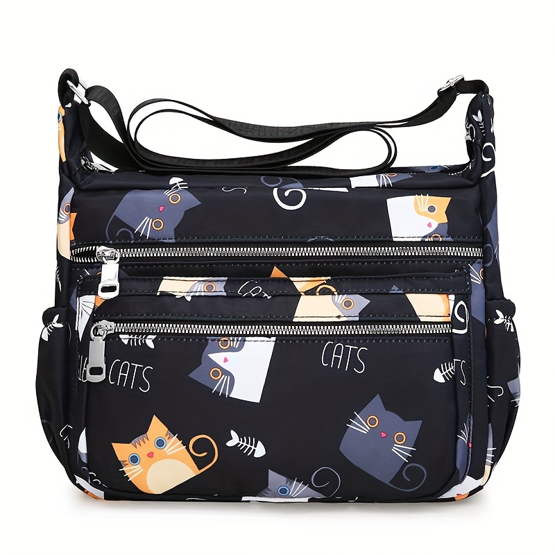 

Cat Print Crossbody Bag, Elegant Women's Single Shoulder Sling Purse, Casual Fashion Canvas Handbag With Multiple Layers, Lightweight Travel Messenger Bag