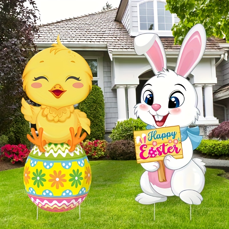 

2pcs, Easter Yard Sign Cute Bunny And Chick Outdoor Lawn Decoration Easter Egg Yard Logo Represents Easter Party, Spring Yard Lawn Supplies, Lawn Garden Decoration