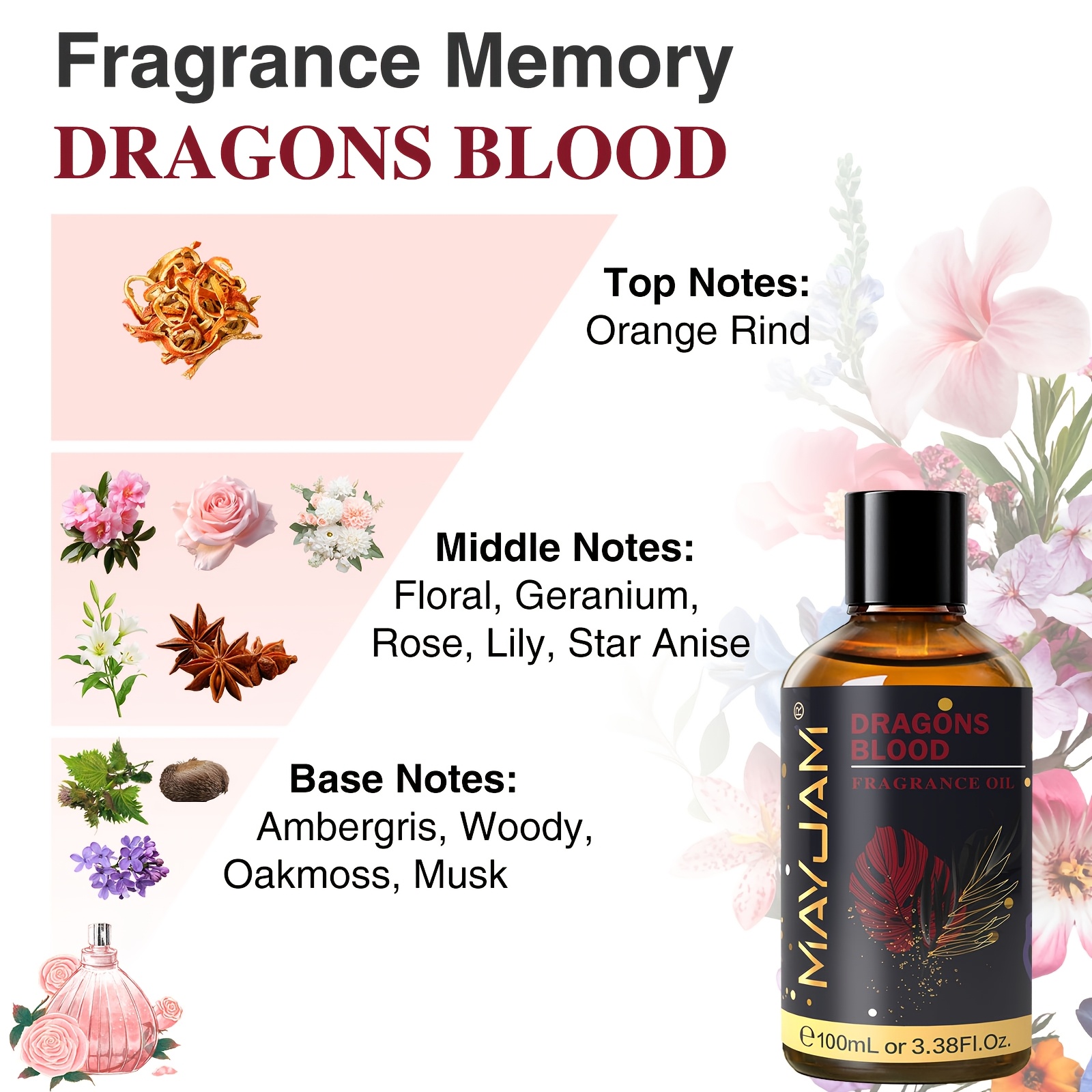 1 Bottle of MAYJAM Dragons Blood Fragrance Oils 100ml/3.38fl.oz, Long-Lasting Fragrance & Multiple Usages of Air Humidifiers, Diffusers, Oil Burners, Scented Candle Making & Wax Melts