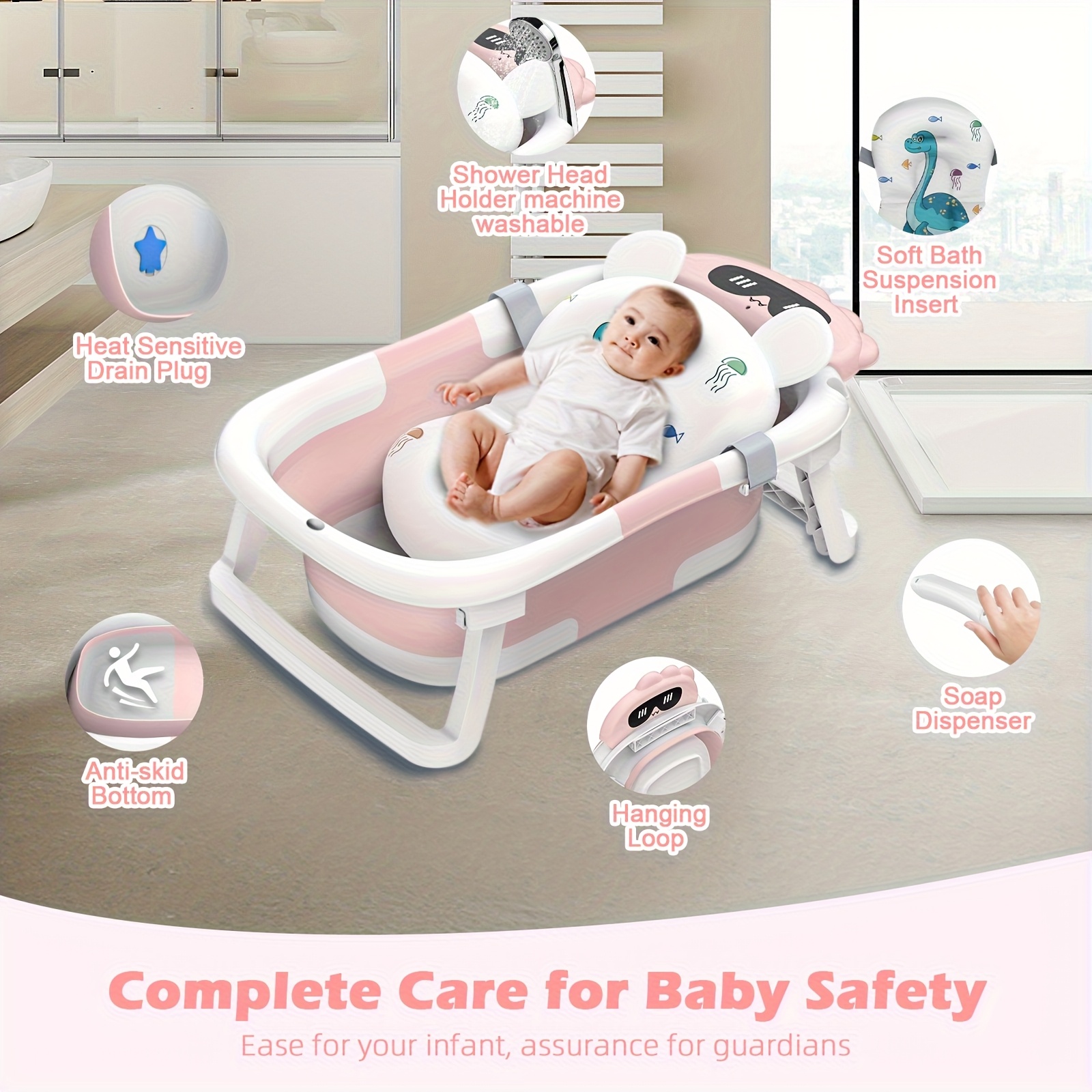 Kada za bebe s dinosaurima, sklopiva PP protuklizna kada za kupanje s jastučićem za podršku, sklopiva kada za novorođenčad i malu djecu od 0-24 mjeseca, poklon za Noć vještica, Božić, Novu godinu i Dan zahvalnosti, Zabavna Baby Shower,Igrački dizajn,Lagani materijal,Protuklizna površina,Novi