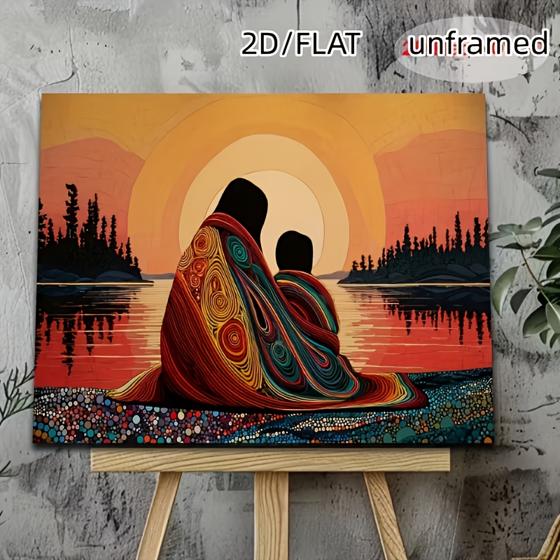 TEMU sur toile plat 2D, 1 mère et enfant au coucher - Contour de famille et sur le , Art mural de naturel , Orange chaud, Rouge, Jaune, Bleu, Vert -