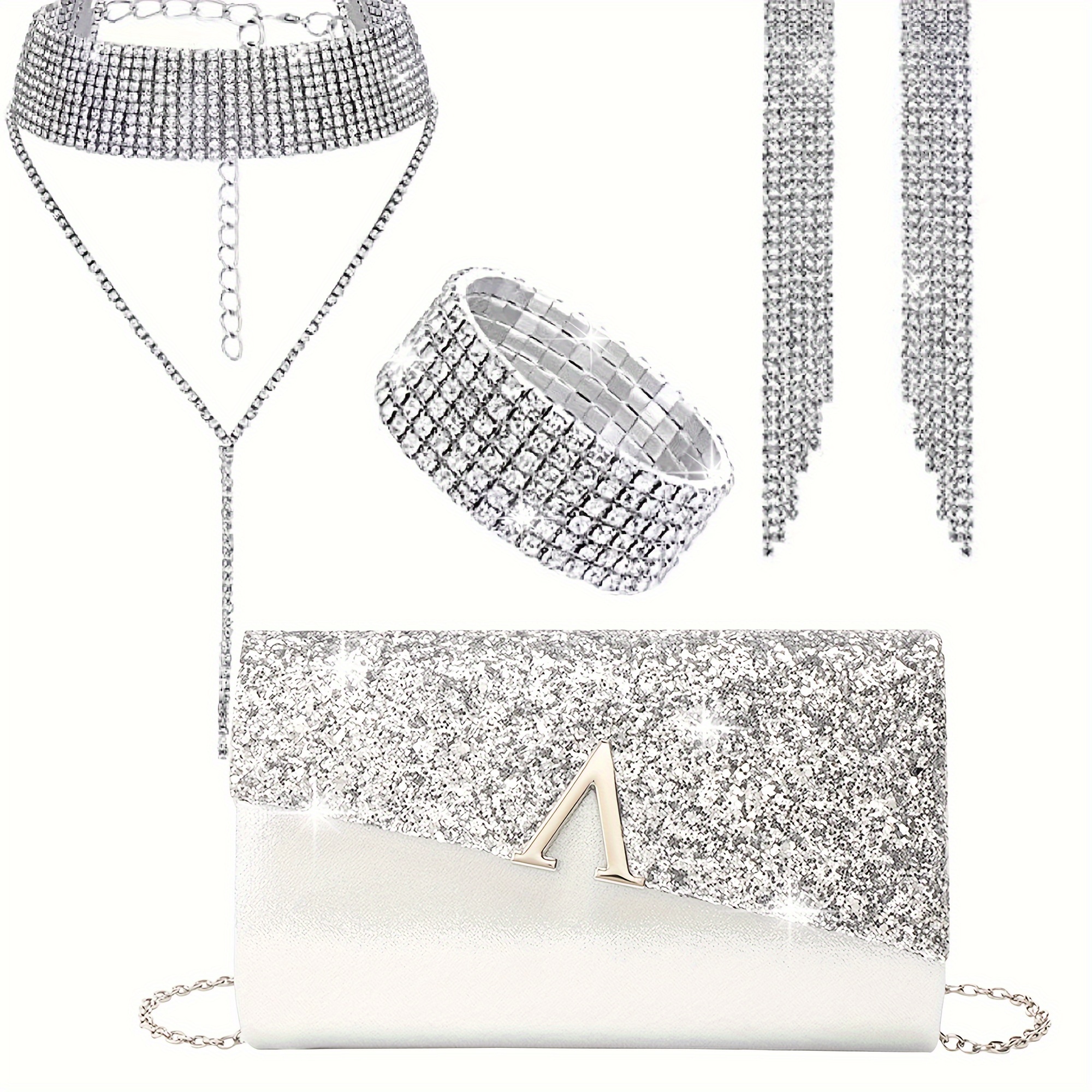 

4pcs/set Glitter Envelope Clutch Bag, Shiny Rhinestone Dinner Purse, Women's Formal Earrings Necklace Bracelet Set